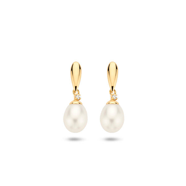9k Goud Zirkonia Zoetwaterparel Oorhanger 19mm hoog