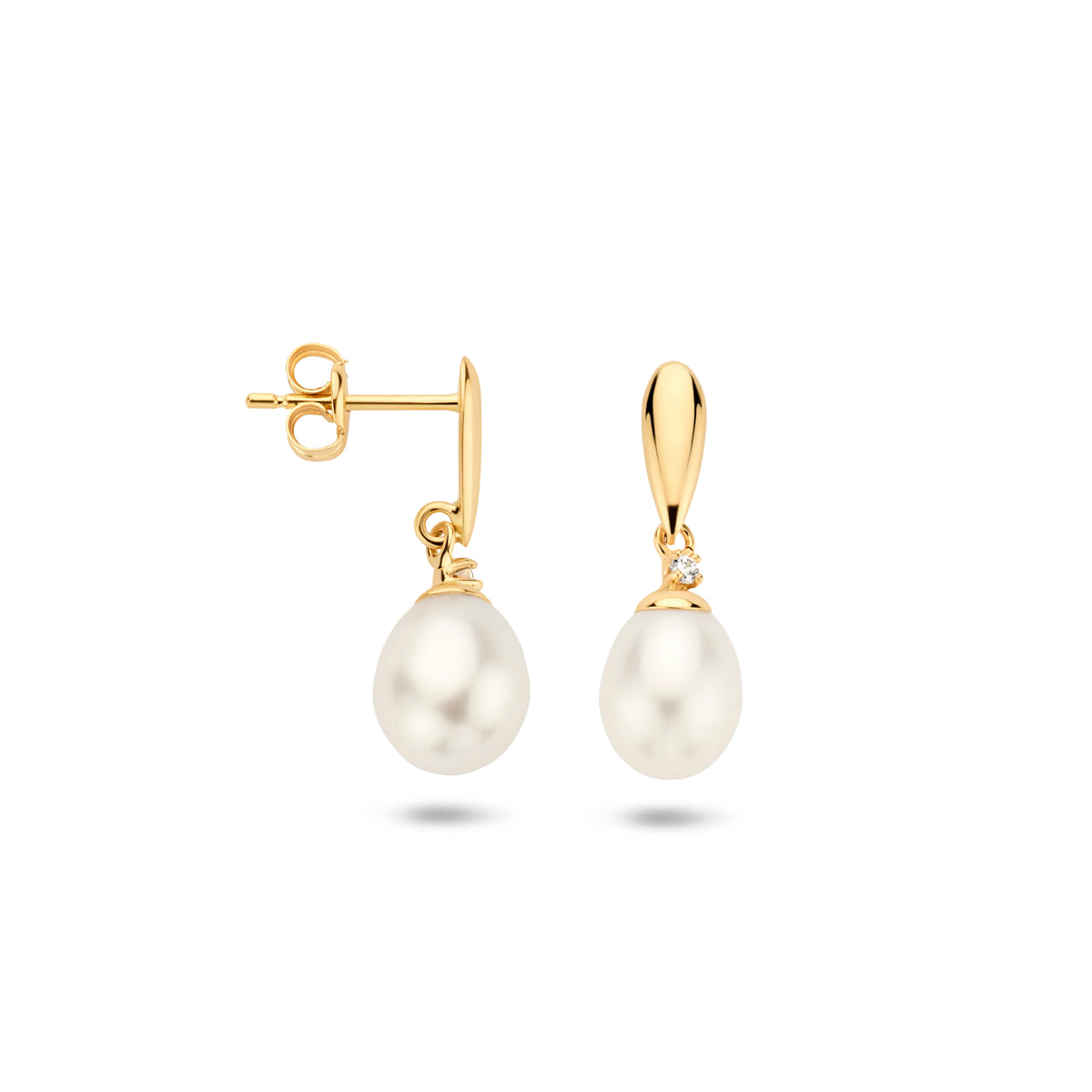 9k Goud Zirkonia Zoetwaterparel Oorhanger 19mm hoog