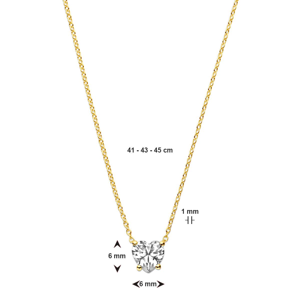 14k Goud Collier Hart Zirkonia 41 - 43 - 45 cm