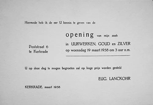 Openingsaankondiging van Juwelier Lanckohr, Poststraat 6 Kerkrade, maart 1958